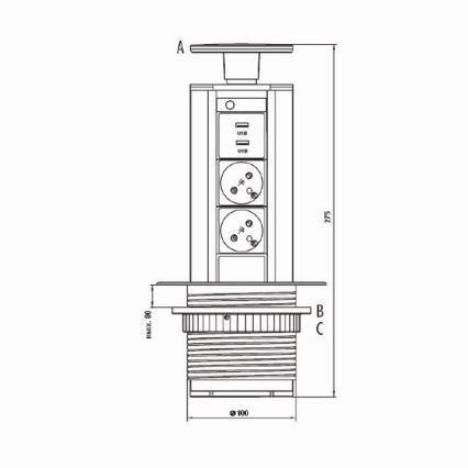 Słupek przyłączeniowy do blatu 2x230V +USB-A 3,1A +USB-C 15,5W 230V