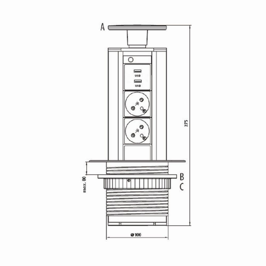 Słupek przyłączeniowy do blatu 2x230V +USB-A 3,1A +USB-C 15,5W 230V