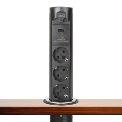 Słupek z gniazdami do blatu stołu 3×230 V + USB‑A + USB‑C, czarny