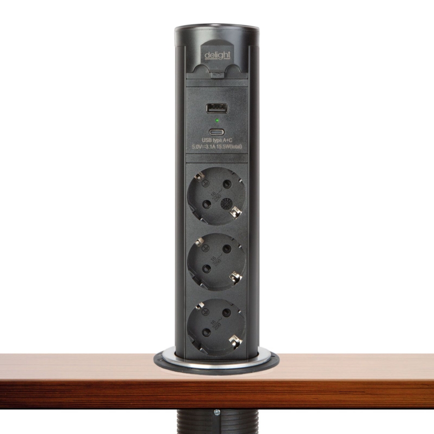 Słupek z gniazdami do blatu stołu 3×230 V + USB‑A + USB‑C, czarny