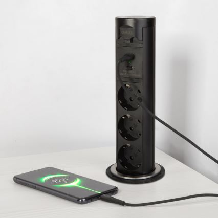 Słupek z gniazdami do blatu stołu 3×230 V + USB‑A + USB‑C, czarny