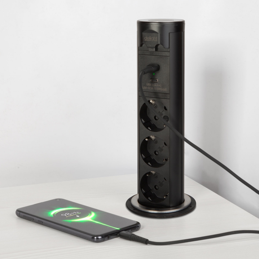 Słupek z gniazdami do blatu stołu 3×230 V + USB‑A + USB‑C, czarny