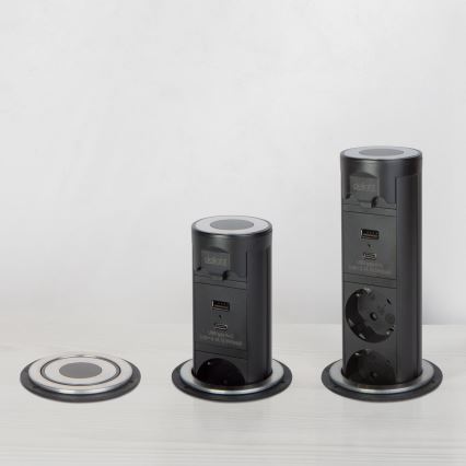 Słupek z gniazdami do blatu stołu 3×230 V + USB‑A + USB‑C, czarny