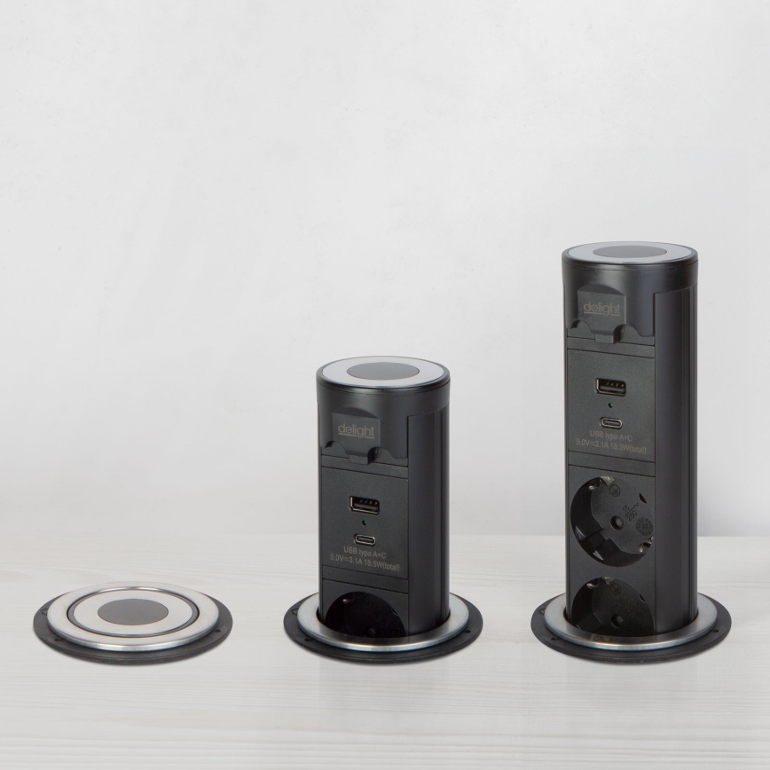 Słupek z gniazdami do blatu stołu 3×230 V + USB‑A + USB‑C, czarny