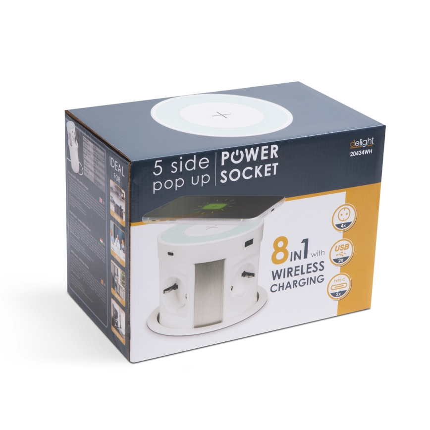 Słupek gniazdek do blatu z ładowaniem bezprzewodowym 4x230V + 2xUSB-A + 2xUSB-C biały