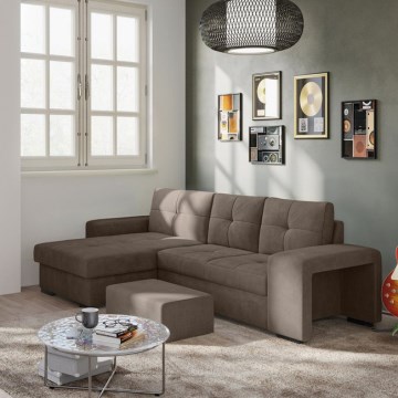 Sofa rozkładana PALERMO z pojemnikiem i pufą, brązowa, lewa