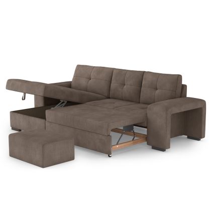 Sofa rozkładana PALERMO z pojemnikiem i pufą, brązowa, lewa