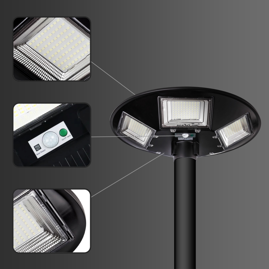 Ściemnialna solarna lampa uliczna LED z czujnikiem, 22W/6V, 18000 mAh, 6500K, IP65, czarna + pilot zdalnego sterowania