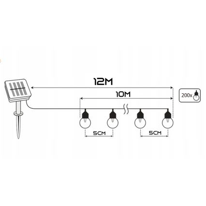 Solarny dekoracyjny łańcuch LED 200xLED/1,2V 800 mAh 12 m IP44 czarny