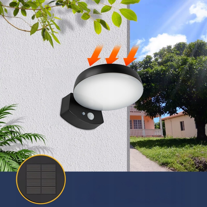Solarny ściemnialny kinkiet ścienny LED z czujnikiem LED/3W/3,7V 1800 mAh IP54 czarny