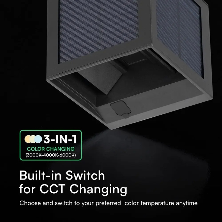 Solarny kinkiet LED z czujnikiem — 9W, 3,7V, 3000/4000/6000K, IP65, akumulator 2600 mAh, czarny