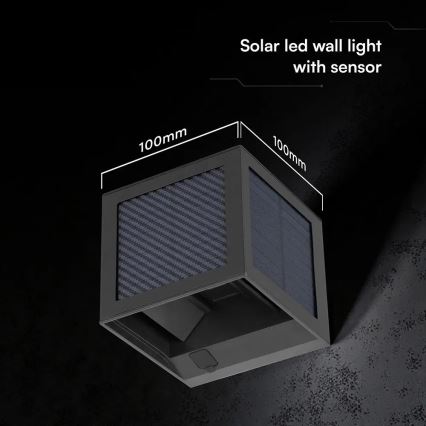 Solarny kinkiet LED z czujnikiem — 9W, 3,7V, 3000/4000/6000K, IP65, akumulator 2600 mAh, czarny