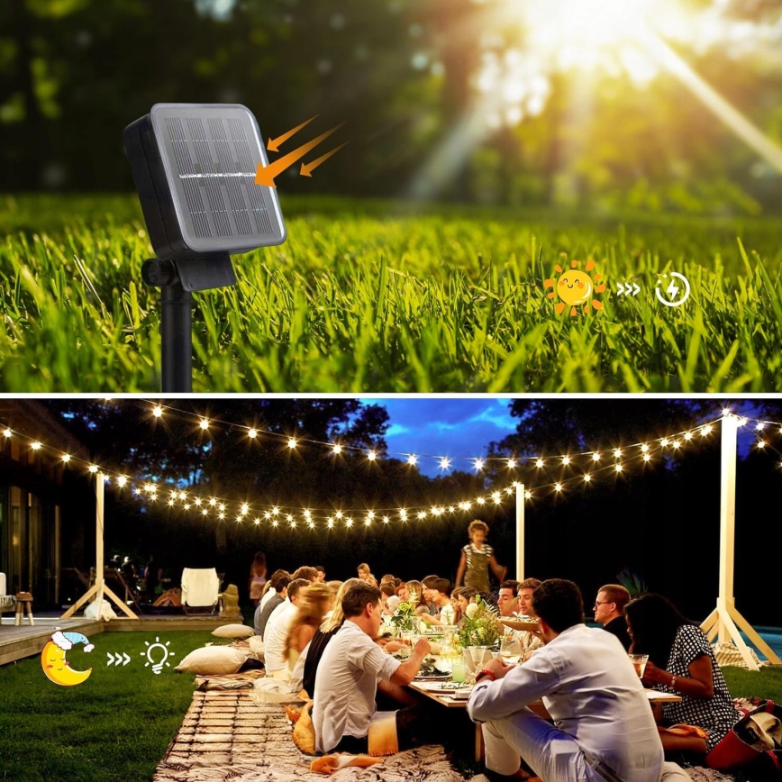 Solarny łańcuch dekoracyjny 20 diod LED/8 funkcji 500 mAh 7,6 m IP67 ciepła biała