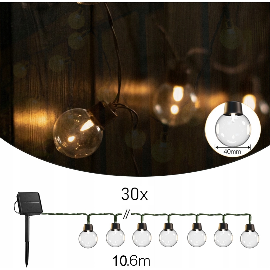Solarny łańcuch dekoracyjny LED 30xLED/8 funkcji 500 mAh 10,6 m IP67 ciepłe białe światło
