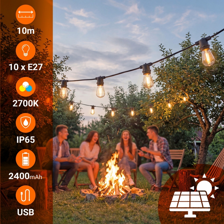 LED ściemnialny solarny łańcuch dekoracyjny 10xE27/0,3W/3/5V USB 2400 mAh 10,62 m IP65 czarny + pilot zdalnego sterowania