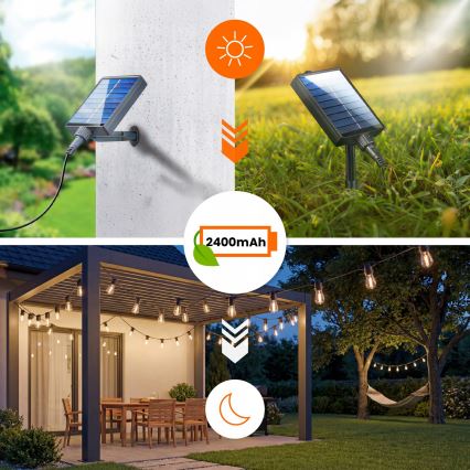 LED ściemnialny solarny łańcuch dekoracyjny 10xE27/0,3W/3/5V USB 2400 mAh 10,62 m IP65 czarny + pilot zdalnego sterowania