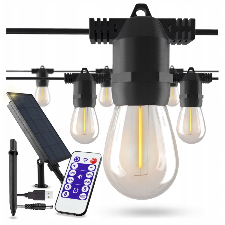 LED ściemnialny solarny łańcuch dekoracyjny 10xE27/0,3W/3/5V USB 2400 mAh 10,62 m IP65 czarny + pilot zdalnego sterowania