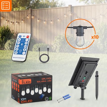 LED ściemnialny solarny łańcuch dekoracyjny 10xE27/0,3W/3/5V USB 2400 mAh 10,62 m IP65 czarny + pilot zdalnego sterowania