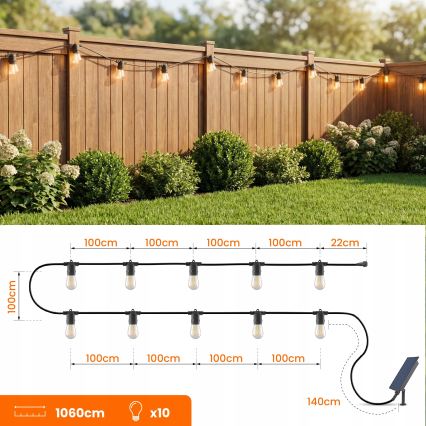 LED ściemnialny solarny łańcuch dekoracyjny 10xE27/0,3W/3/5V USB 2400 mAh 10,62 m IP65 czarny + pilot zdalnego sterowania