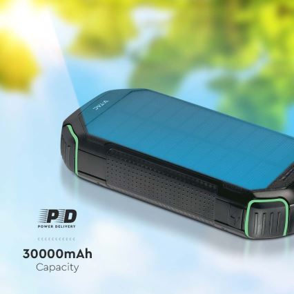 Solarny power bank z latarką Power Delivery 30000mAh/20W/5V czarny