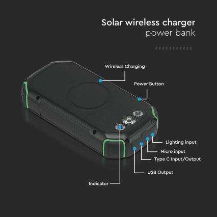 Solarny power bank z latarką Power Delivery 30000mAh/20W/5V czarny