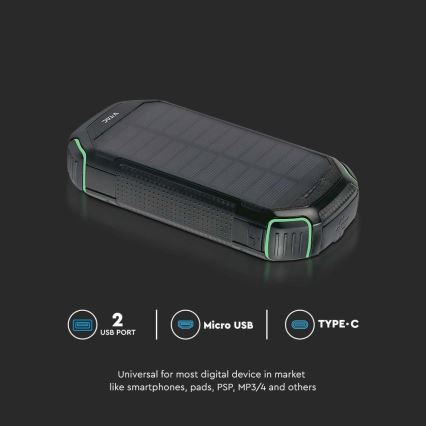 Solarny power bank z latarką Power Delivery 30000mAh/20W/5V czarny