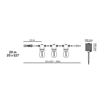 LED Ściemnialny solarny łańcuch dekoracyjny STARLIGHT NEO 20xE27/3,7V 2700K IP54 2400 mAh 21,5m + zdalne sterowanie