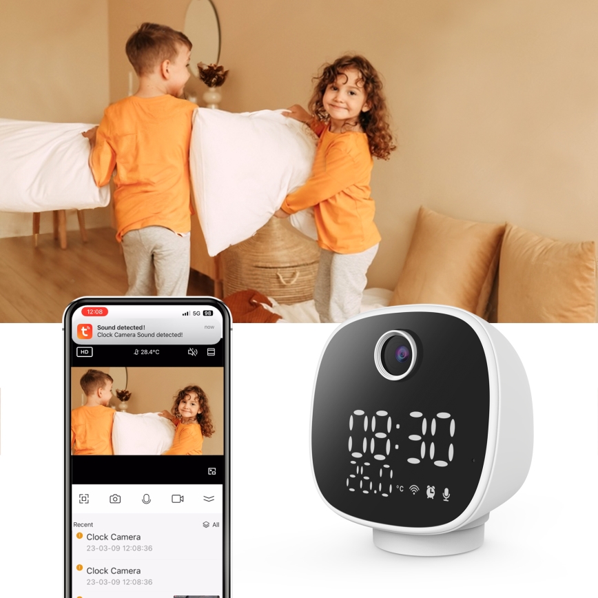 Inteligentna kamera z budzikiem, termometrem i oświetleniem LED 1296p 3Mpx 5V Wi-Fi Tuya IP65