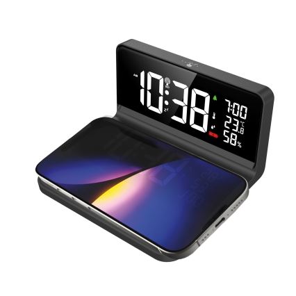 LED Budzik z wyświetlaczem LCD i bezprzewodowym ładowaniem Qi LED/10W/230V