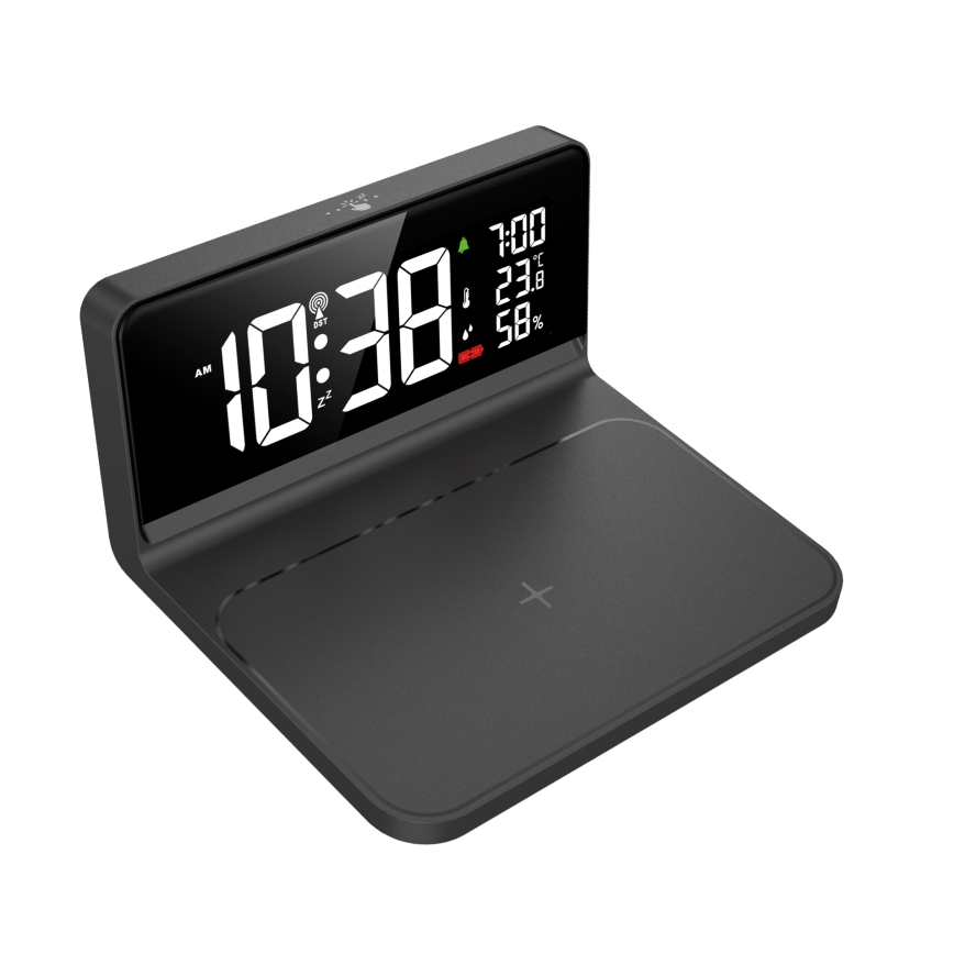 LED Budzik z wyświetlaczem LCD i bezprzewodowym ładowaniem Qi LED/10W/230V