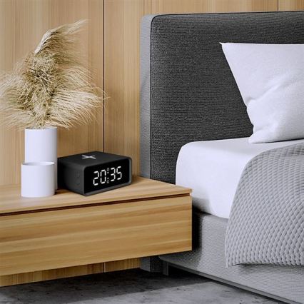 Cyfrowy zegar z bezprzewodową ładowarką Qi 230V/CR2032 czarny