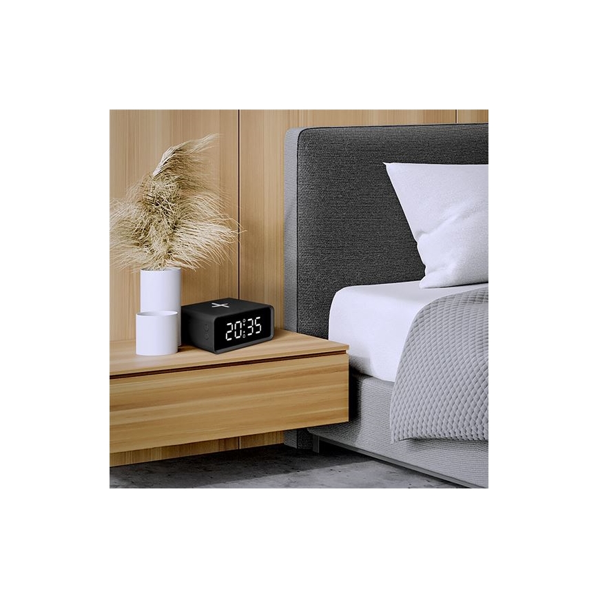 Cyfrowy zegar z bezprzewodową ładowarką Qi 230V/CR2032 czarny