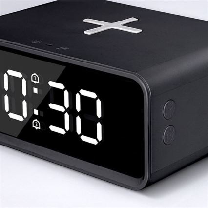 Cyfrowy zegar z bezprzewodową ładowarką Qi 230V/CR2032 czarny