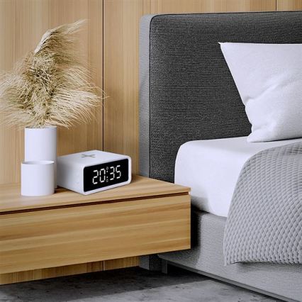 Zegar cyfrowy z bezprzewodową ładowarką Qi 230V/CR2032, biały