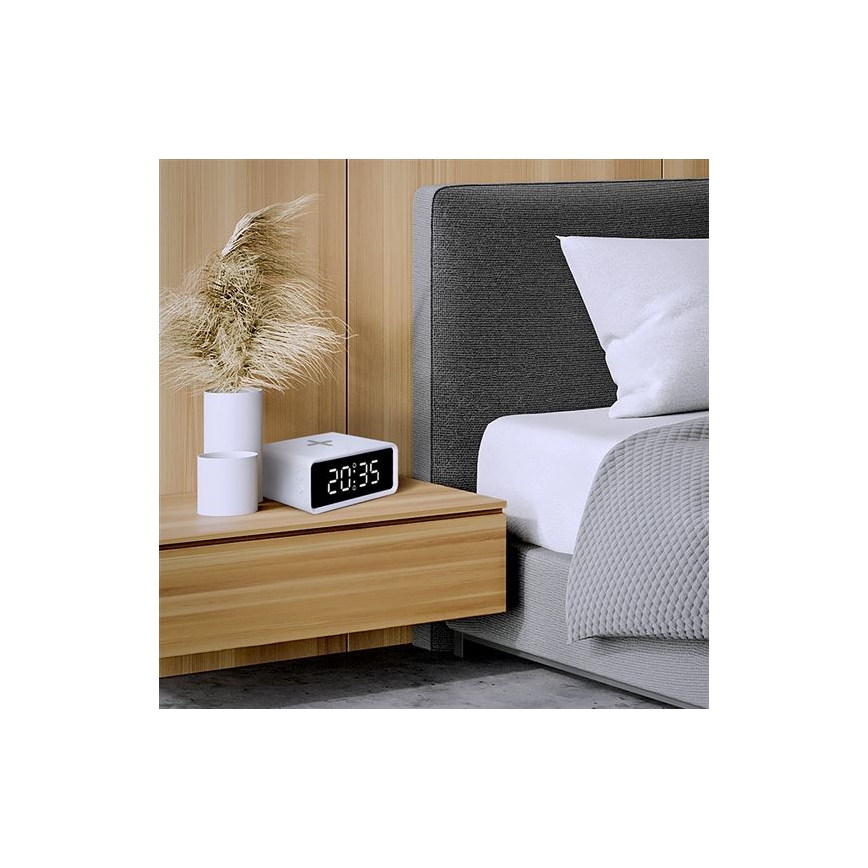 Zegar cyfrowy z bezprzewodową ładowarką Qi 230V/CR2032, biały