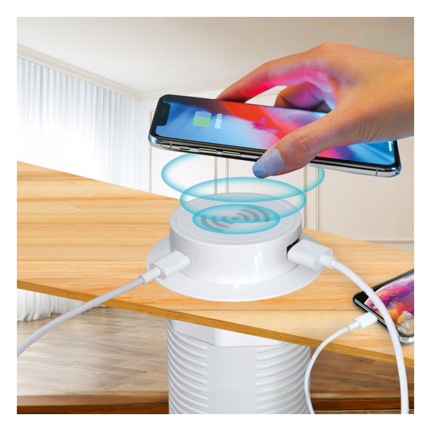 Wbudowana ładowarka bezprzewodowa + USB A+C biały