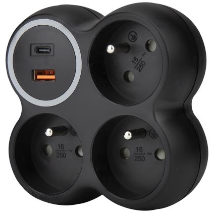 Listwa zasilająca 3x 15A z portami USB-A i USB-C, czarna