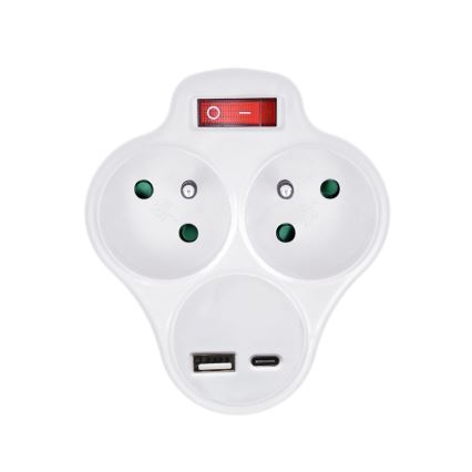 Rozgałęźnik z ładowaniem USB A+C i przełącznik 2x10A biały