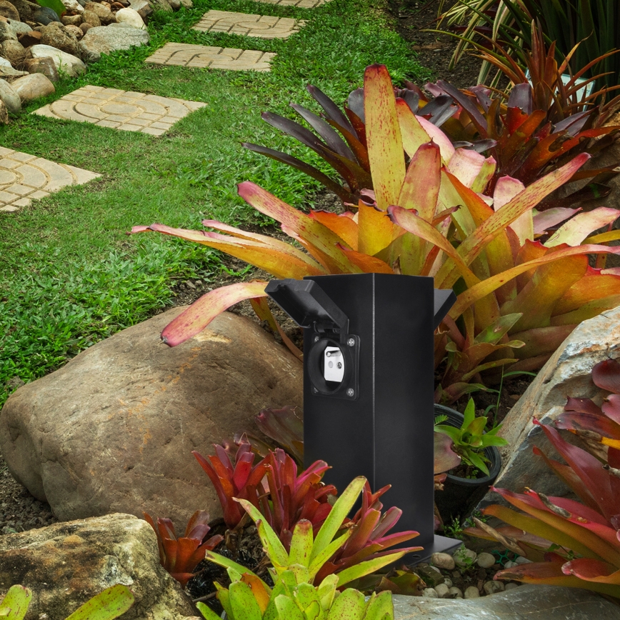 Słupek zewnętrzny z gniazdami 2x 230V IP44 czarny, kwadratowy