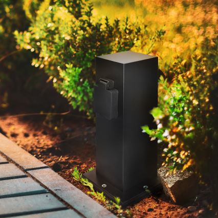 Słupek zewnętrzny z gniazdami 2x 230V IP44 czarny, kwadratowy