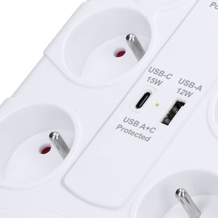 Listwa zasilająca z wyłącznikiem 8 gniazd, typ E + 1xUSB-A + 1xUSB-C, 2 m, biały