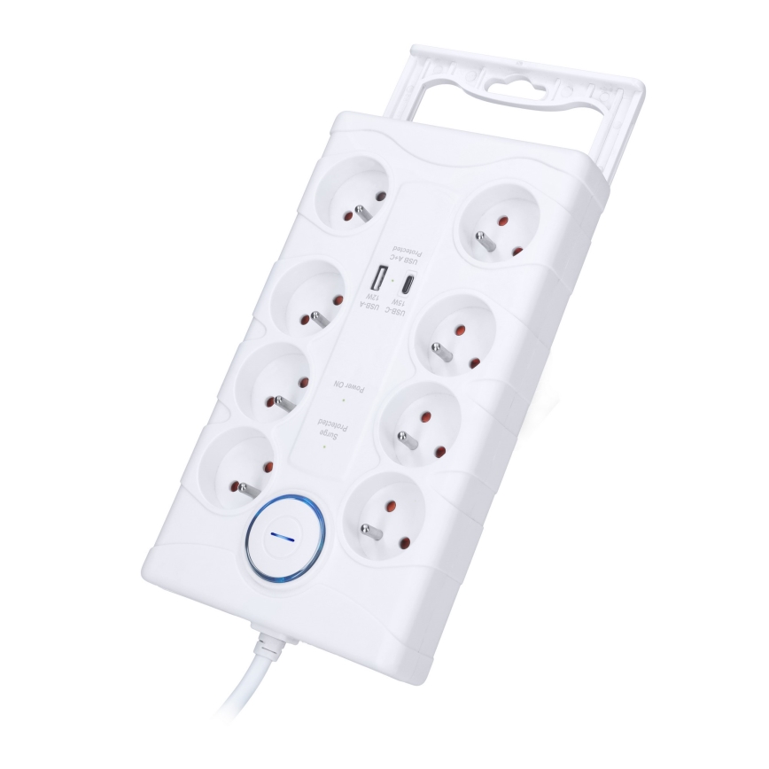 Listwa zasilająca z wyłącznikiem 8 gniazd, typ E + 1xUSB-A + 1xUSB-C, 2 m, biały