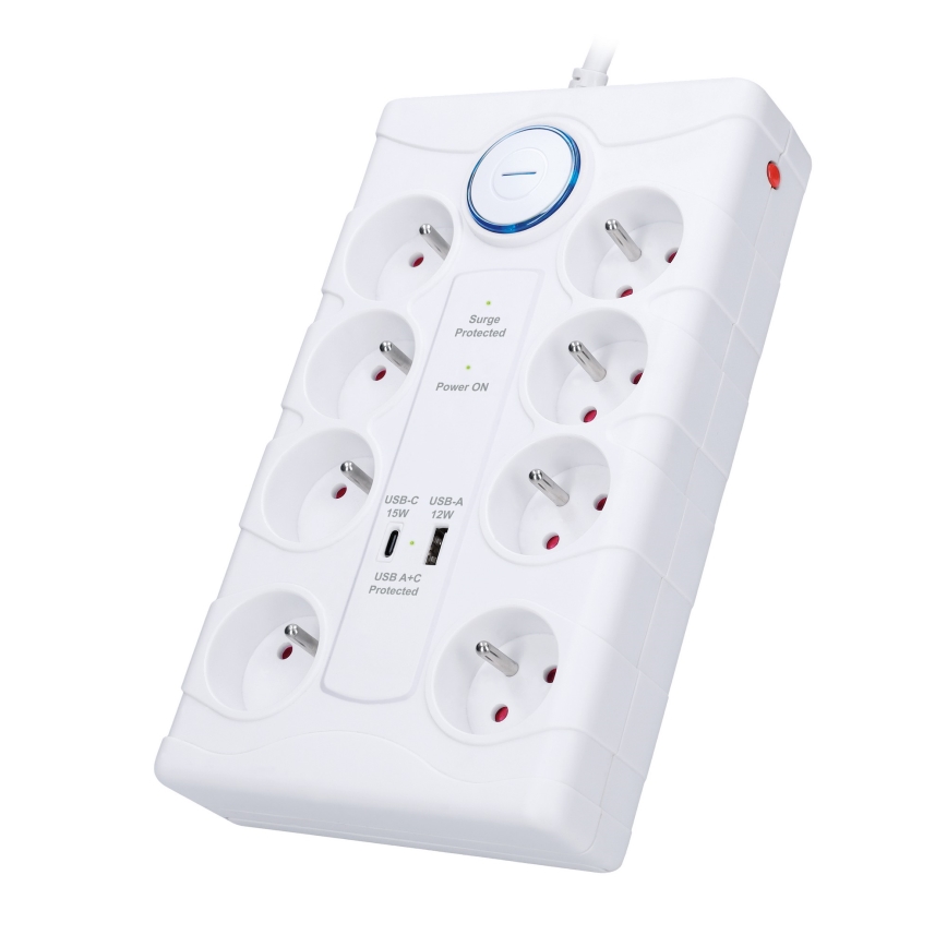 Przedłużacz z wyłącznikiem i ochroną przeciwprzepięciową, 8 gniazd, wtyk Typu E, 1x USB-A + 1x USB-C, 2 m, biały
