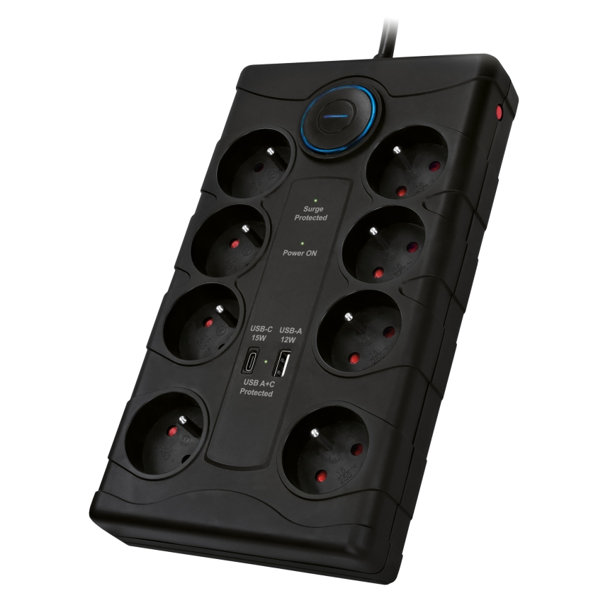 Przedłużacz 2 m z wyłącznikiem 8Z, wtyk Typ E + 1x USB-A + 1x USB-C, czarny