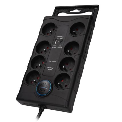 Przedłużacz 2 m z wyłącznikiem 8Z, wtyk Typ E + 1x USB-A + 1x USB-C, czarny