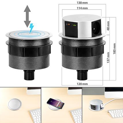 Gniazdo stołowe z bezprzewodowym ładowaniem Qi 3x230V + 1xUSB-A + 1xUSB-C srebrny/czarny