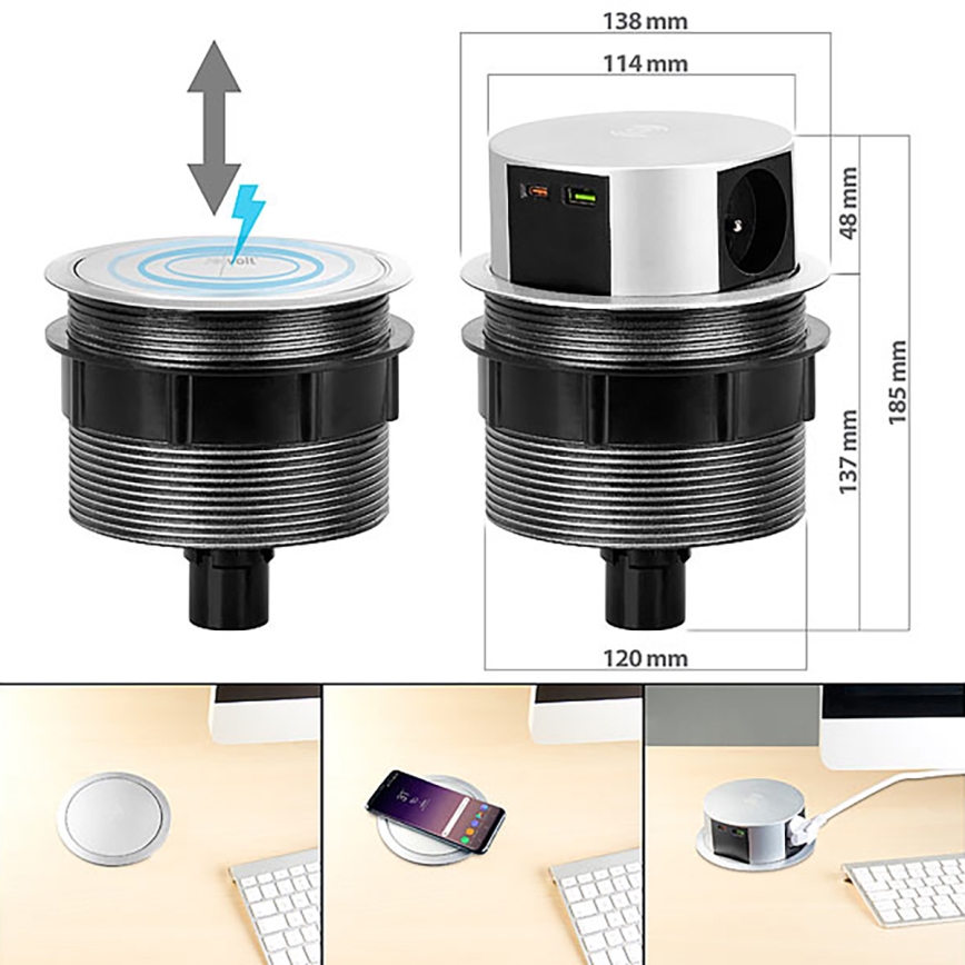 Gniazdo stołowe z bezprzewodowym ładowaniem Qi 3x230V + 1xUSB-A + 1xUSB-C srebrny/czarny