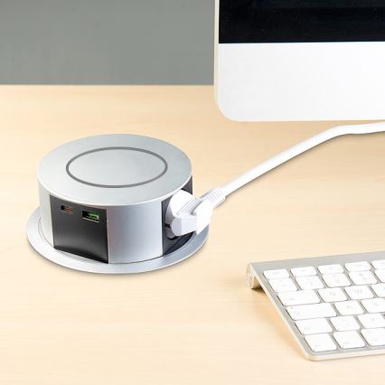 Słupek z gniazdkami do blatu stołu z bezprzewodowym ładowaniem Qi 3x230V + 1xUSB-A + 1xUSB-C srebrno-czarny
