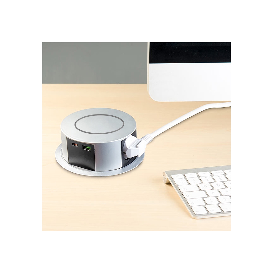 Słupek z gniazdkami do blatu stołu z bezprzewodowym ładowaniem Qi 3x230V + 1xUSB-A + 1xUSB-C srebrno-czarny