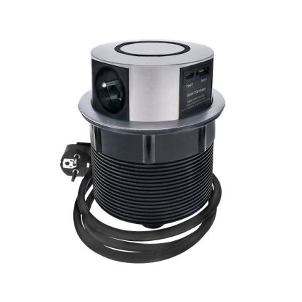Słupek z gniazdkami do blatu stołu z bezprzewodowym ładowaniem Qi 3x230V + 1xUSB-A + 1xUSB-C srebrno-czarny